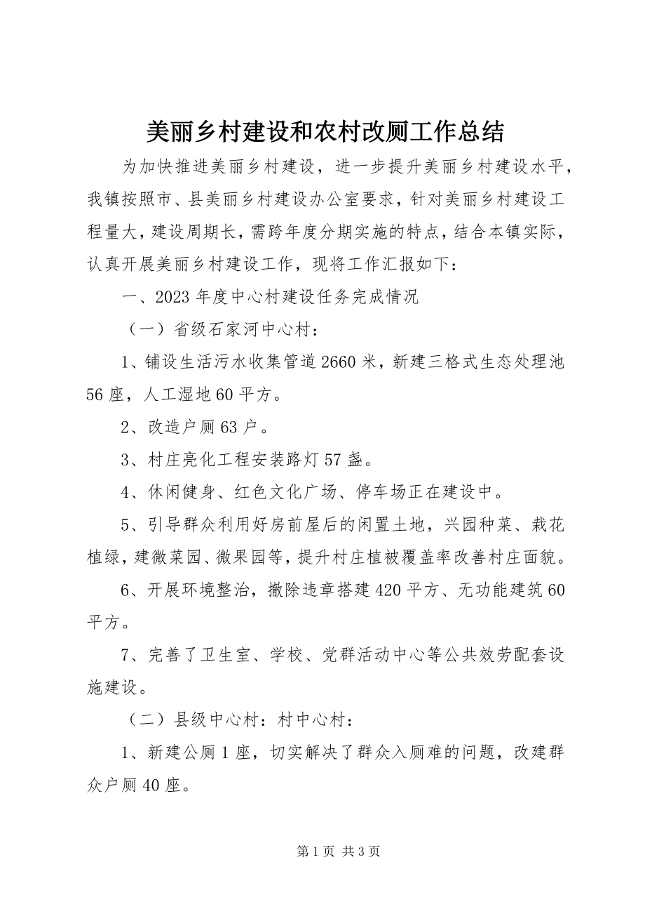 2023年美丽乡村建设和农村改厕工作总结.docx_第1页