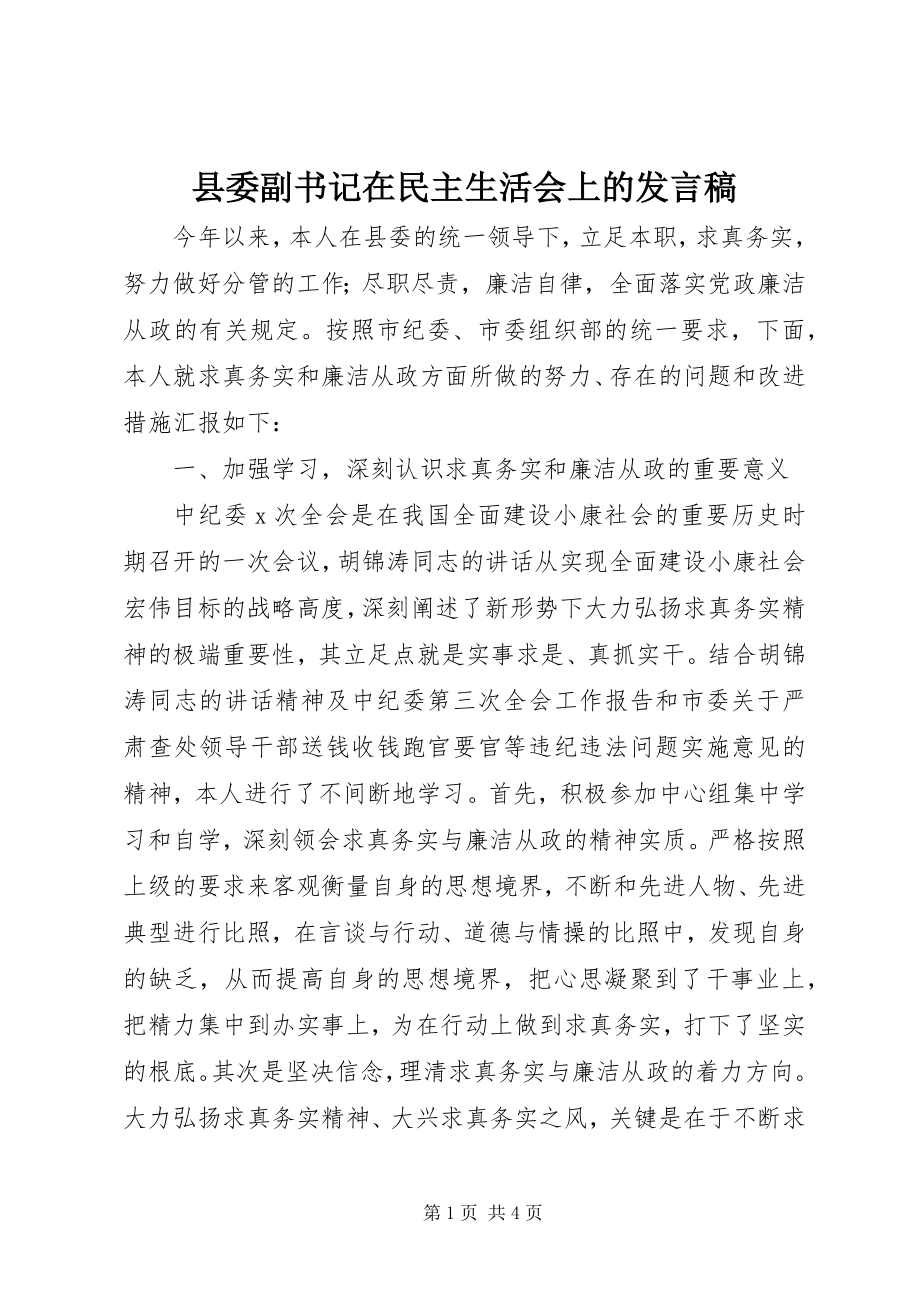 2023年县委副书记在民主生活会上的讲话稿.docx_第1页