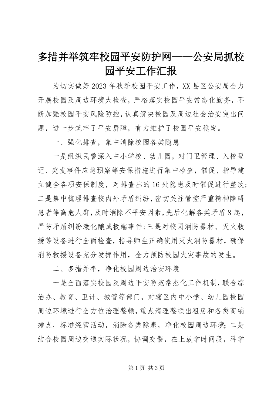 2023年多措并举筑牢校园安全防护网公安局抓校园安全工作汇报.docx_第1页