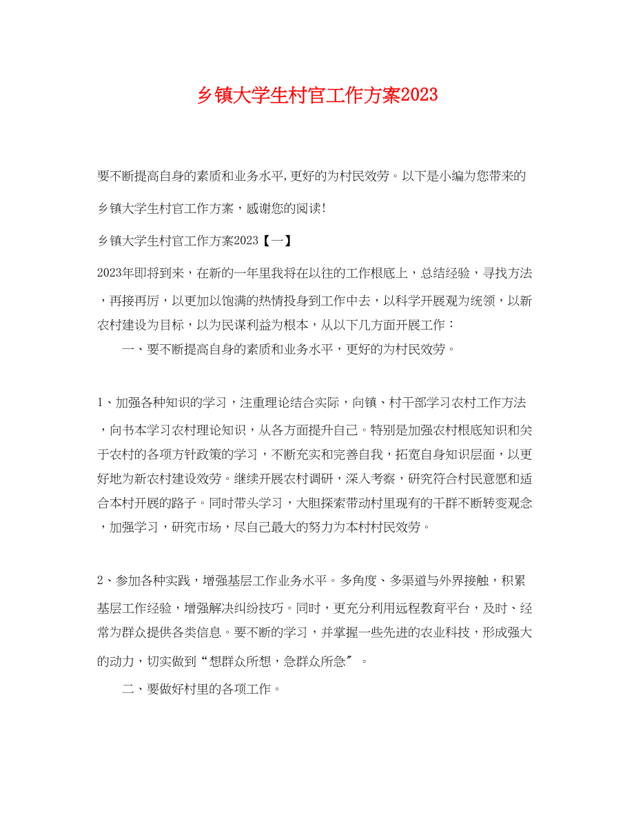 2023年乡镇大学生村官工作计划.docx_第1页