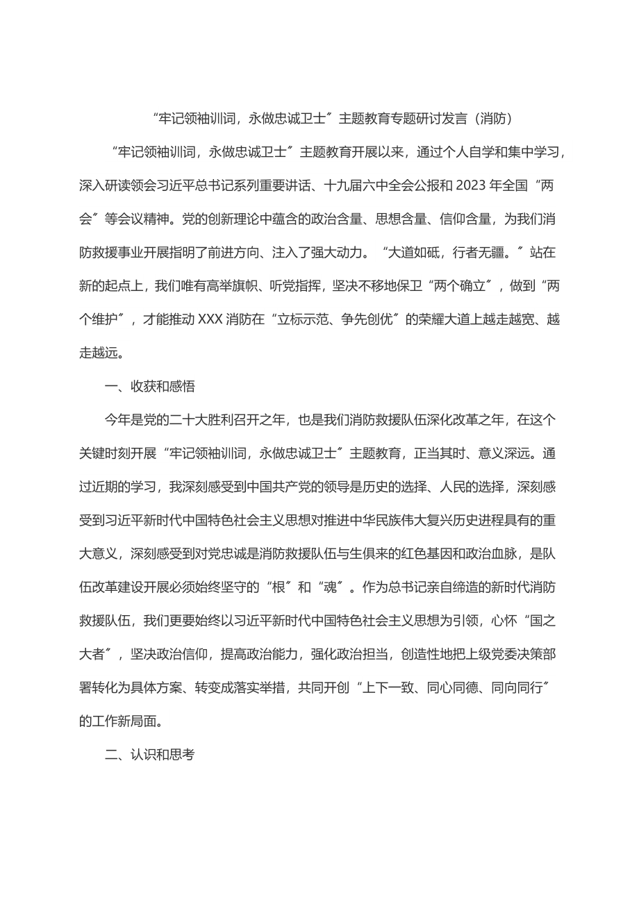 “牢记领袖训词永做忠诚卫士”主题教育专题研讨发言（消防）.docx_第1页