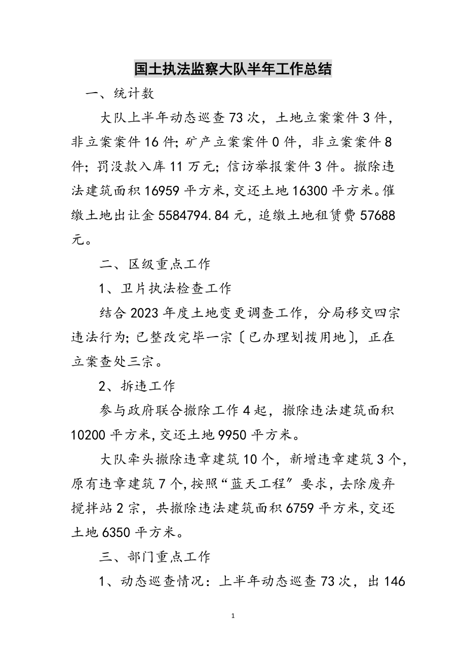 2023年国土执法监察大队半年工作总结范文.doc_第1页