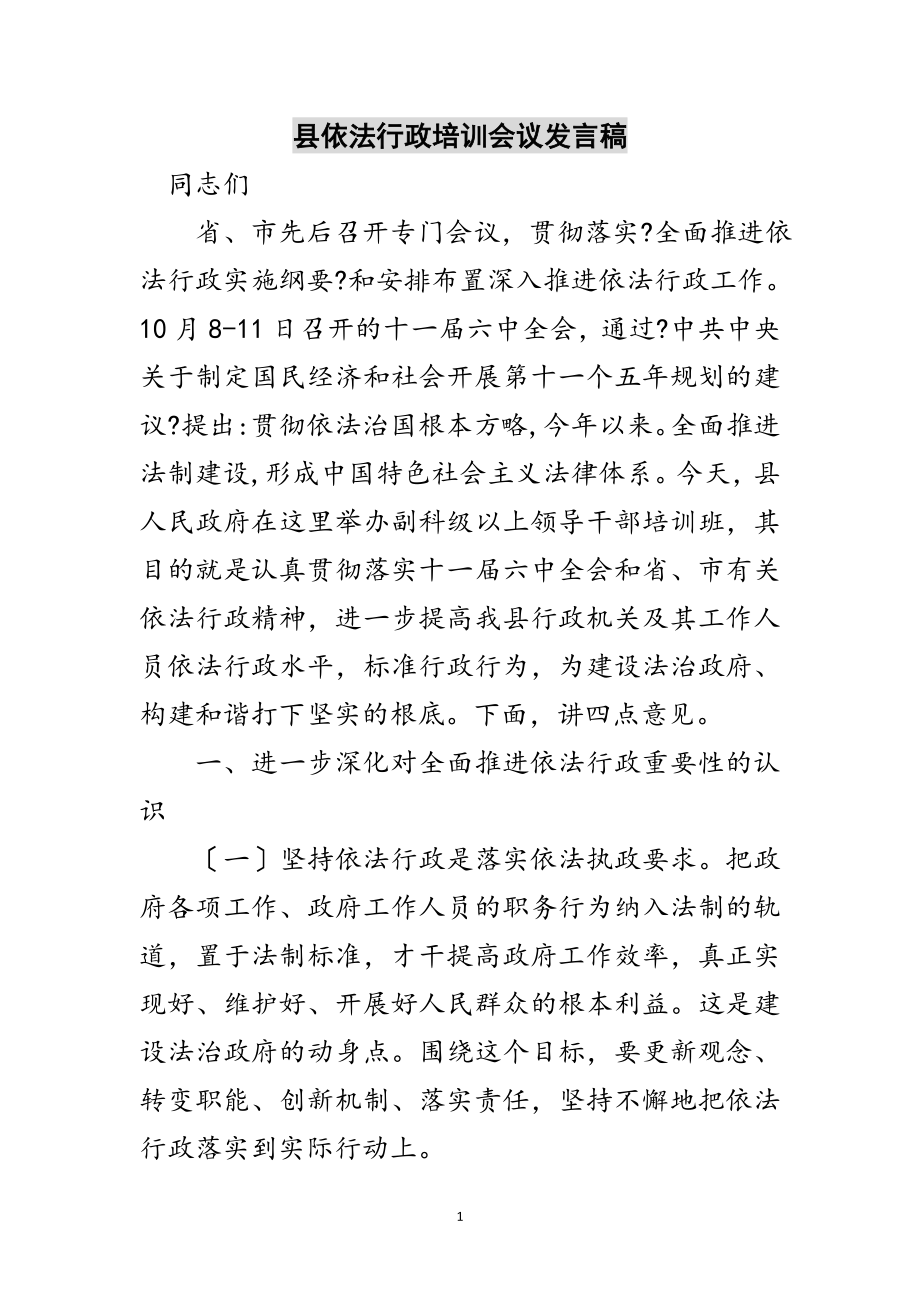 2023年县依法行政培训会议发言稿范文.doc_第1页