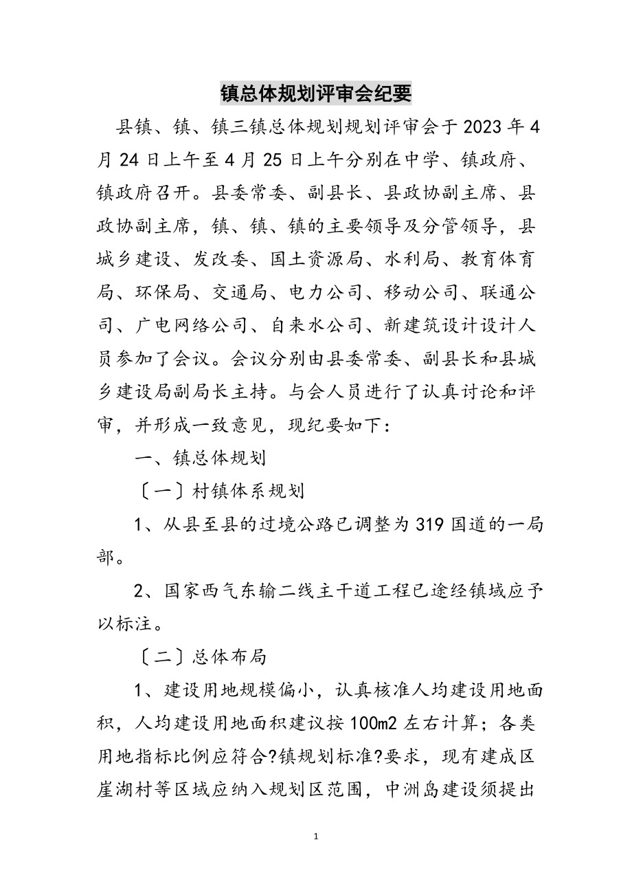 2023年镇总体规划评审会纪要范文.doc_第1页