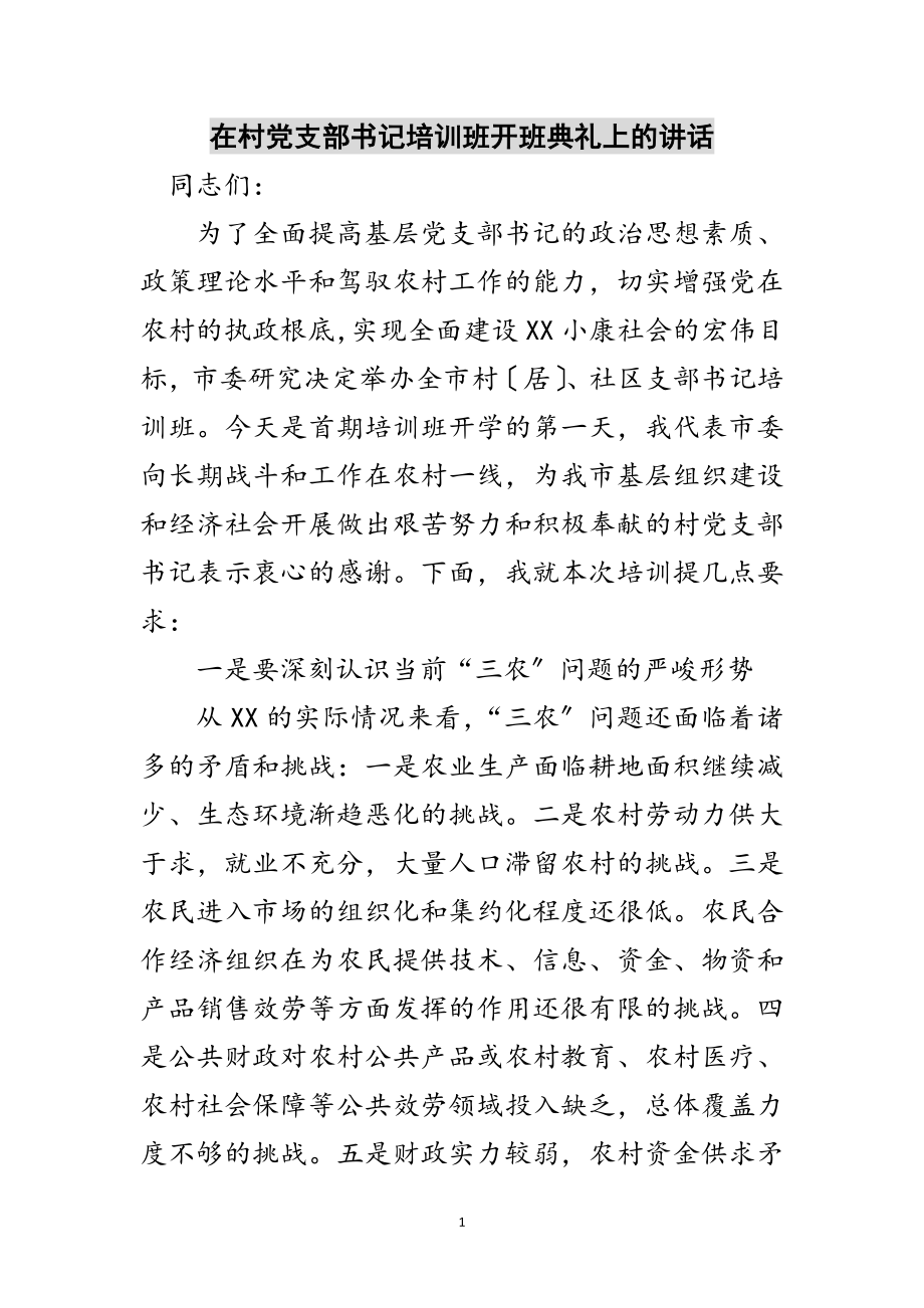 2023年在村党支部书记培训班开班典礼上的讲话范文.doc_第1页