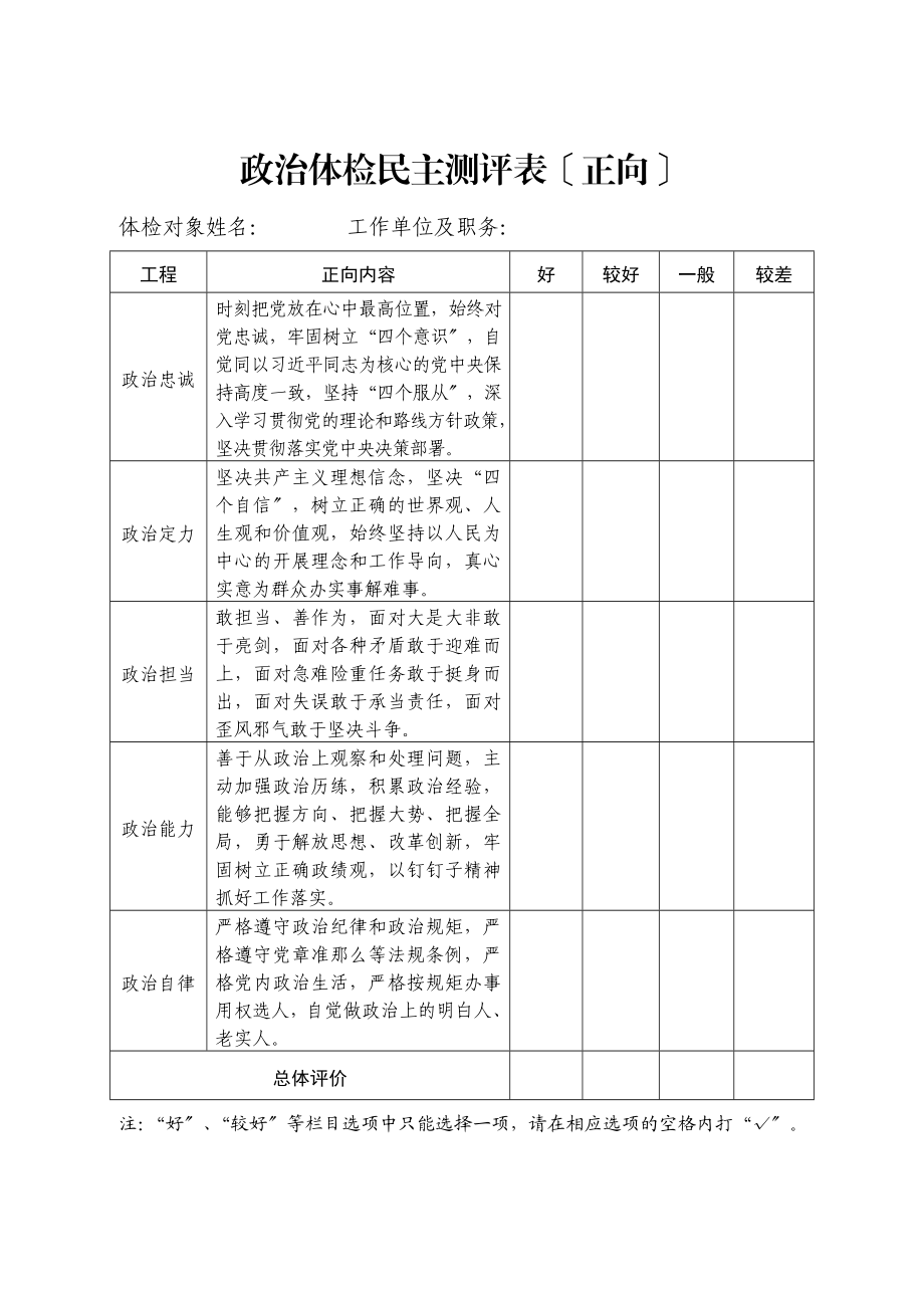 政治体检民主测评表（正向）范文.doc_第1页