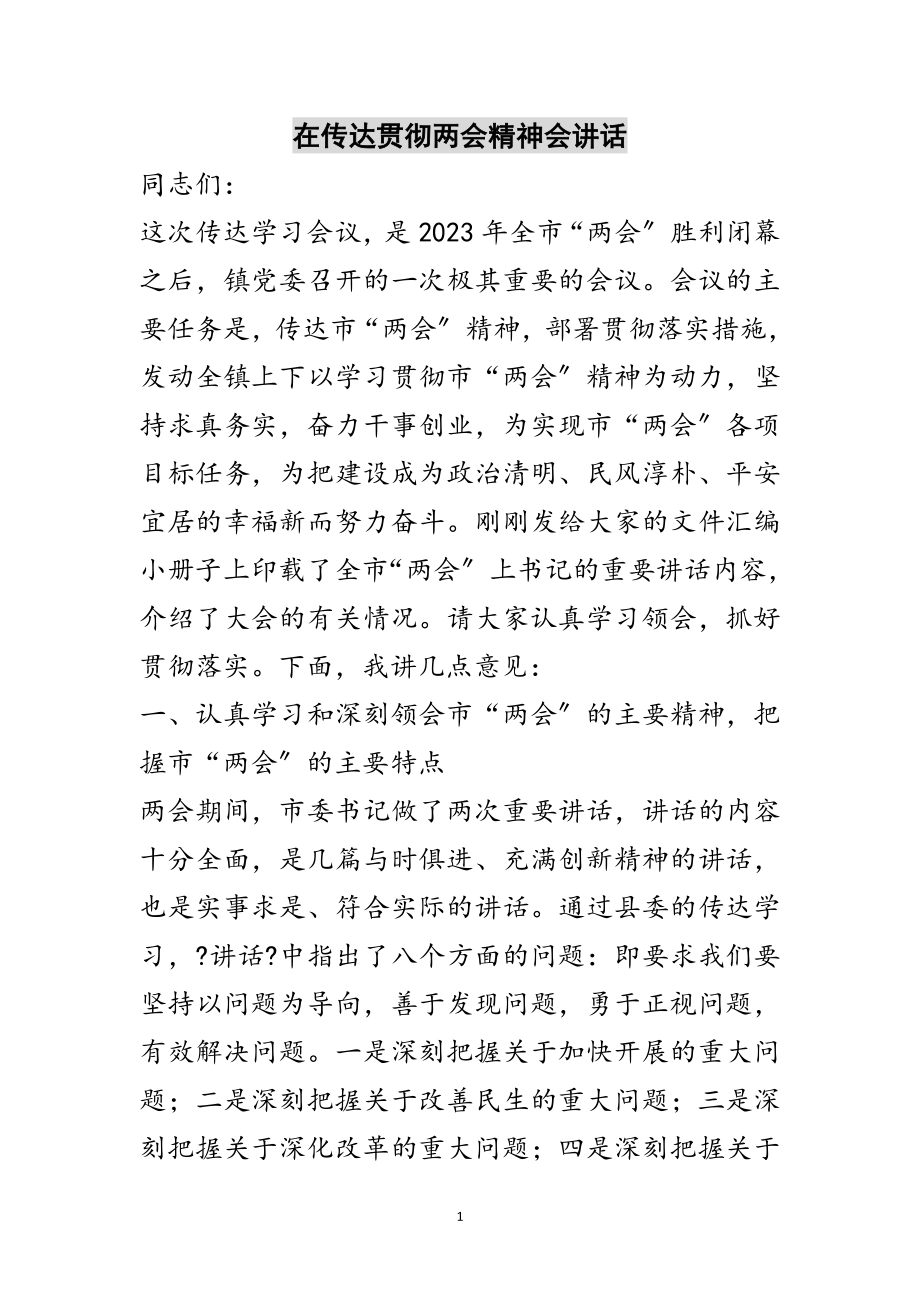 2023年在传达贯彻两会精神会讲话范文.doc_第1页