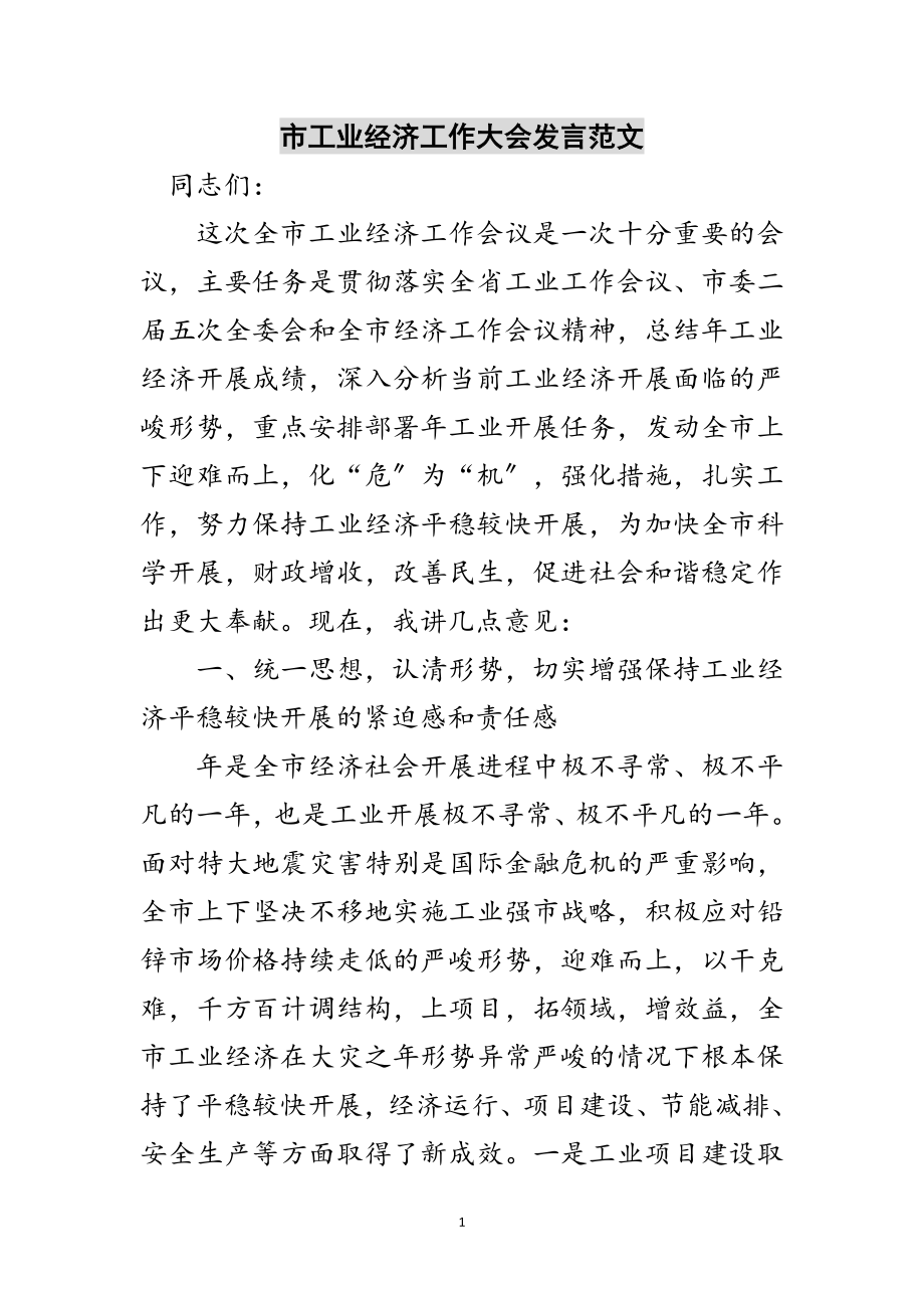 2023年市工业经济工作大会发言范文范文.doc_第1页