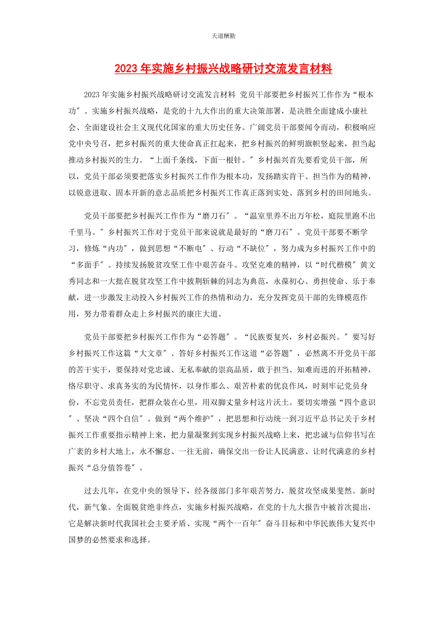 2023年实施乡村振兴战略研讨交流发言材料范文.docx_第1页