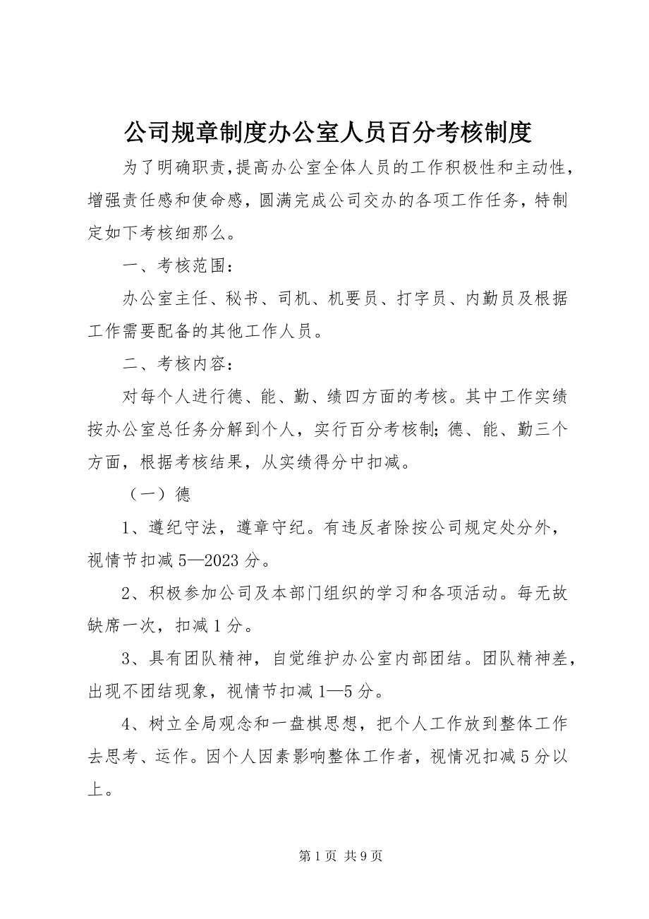 2023年公司规章制度办公室人员百分考核制度.docx_第1页