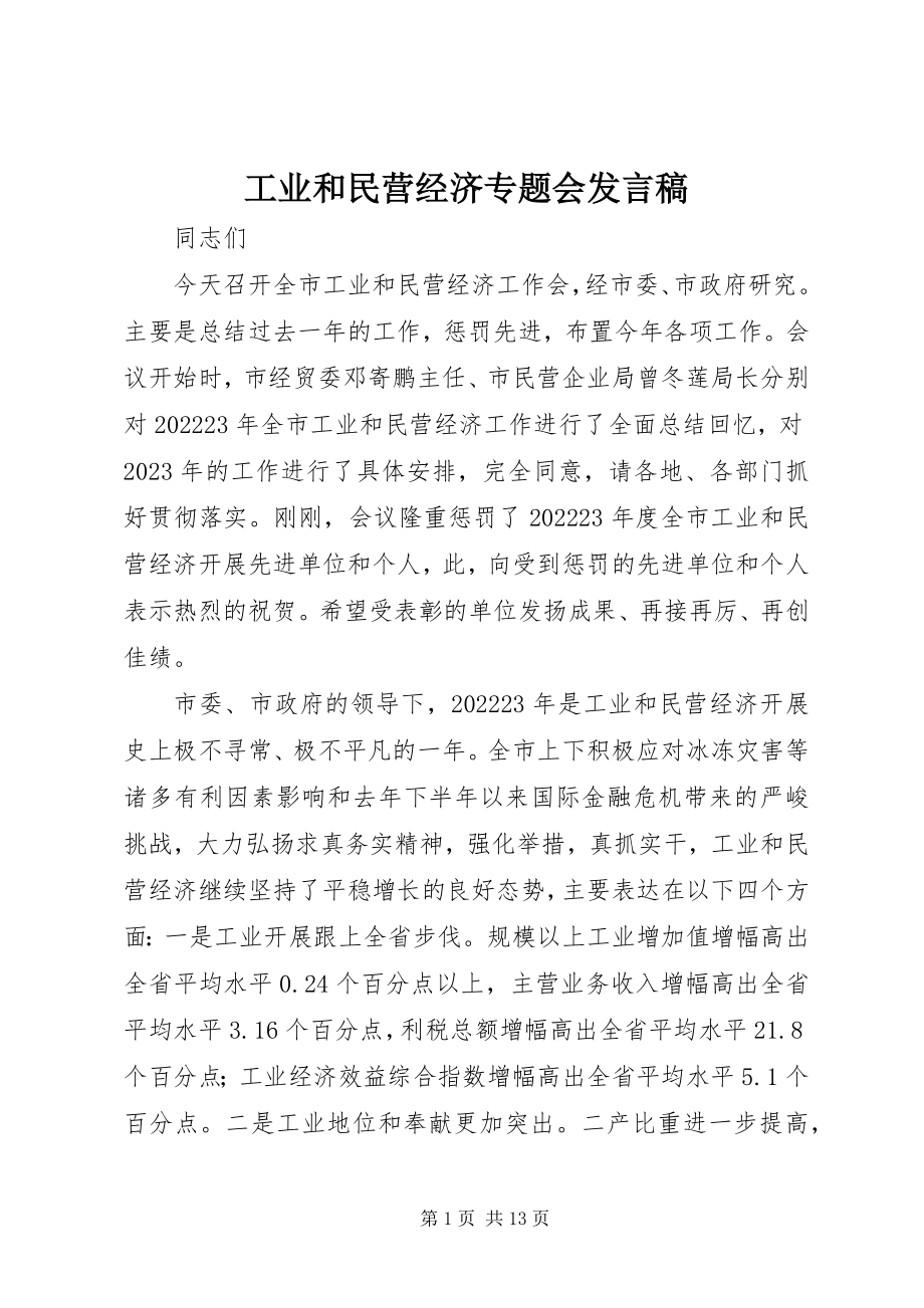 2023年工业和民营经济专题会讲话稿.docx_第1页