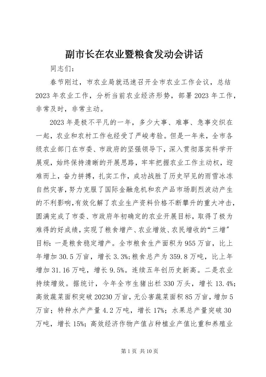 2023年副市长在农业暨粮食动员会致辞.docx_第1页