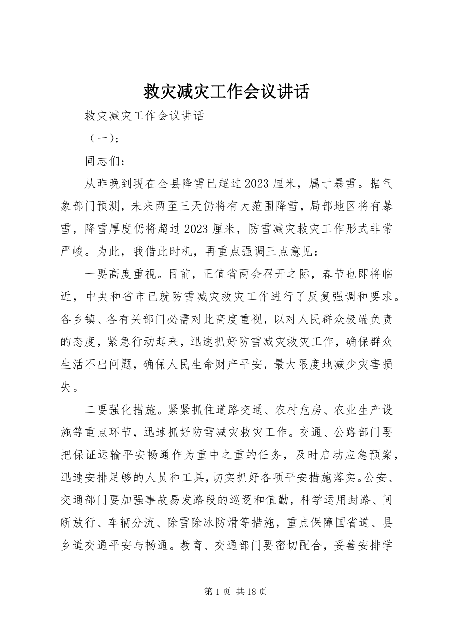 2023年救灾减灾工作会议致辞.docx_第1页