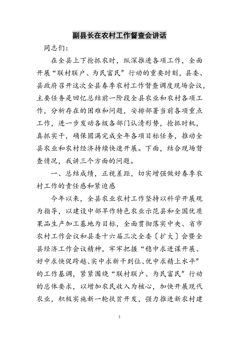 2023年副县长在农村工作督查会讲话范文.doc_第1页