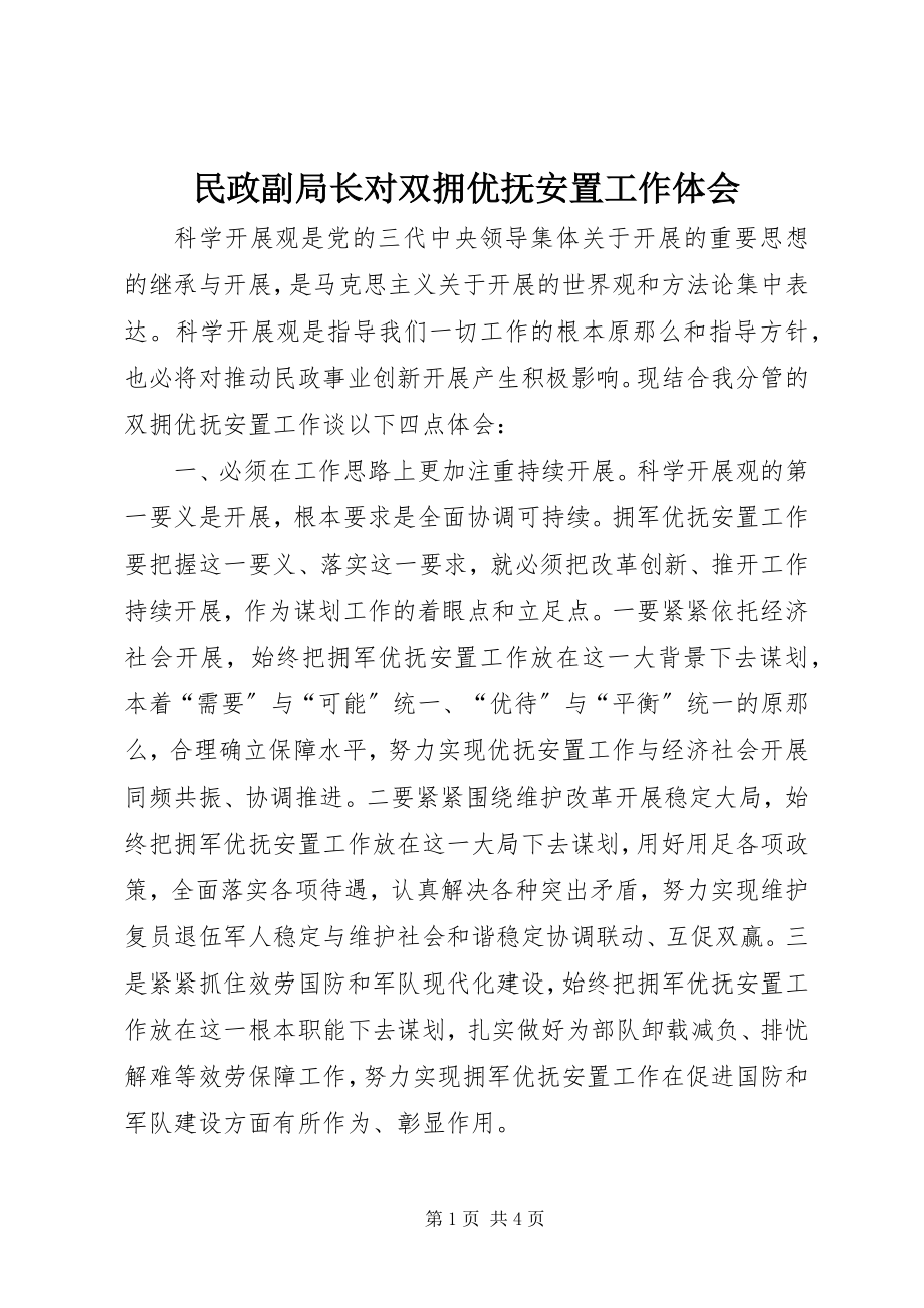 2023年民政副局长对双拥优抚安置工作体会.docx_第1页