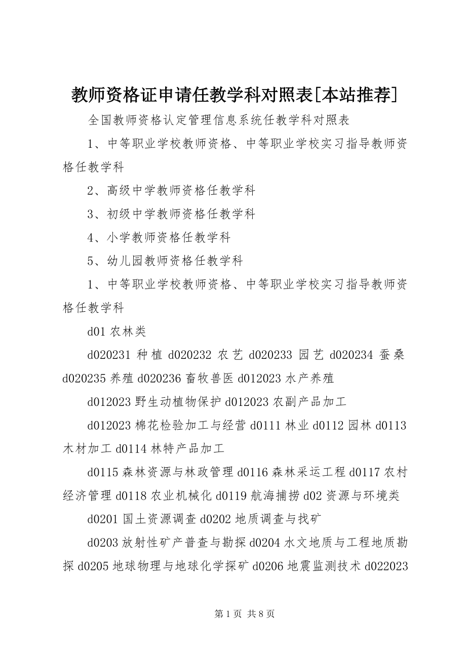 2023年教师资格证申请任教学科对照表[本站推荐.docx_第1页