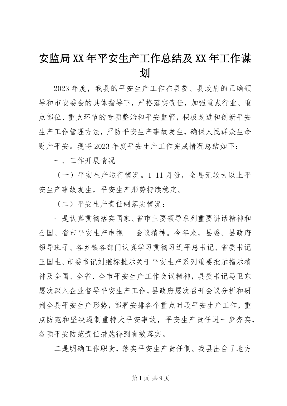 2023年安监局安全生产工作总结及工作谋划新编.docx_第1页