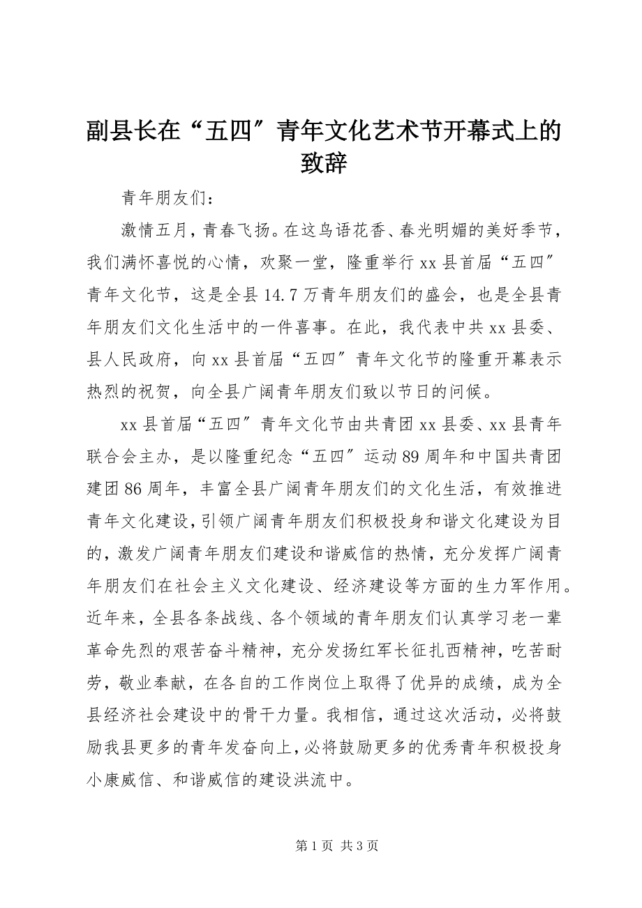 2023年副县长在“五四”青年文化艺术节开幕式上的致辞.docx_第1页