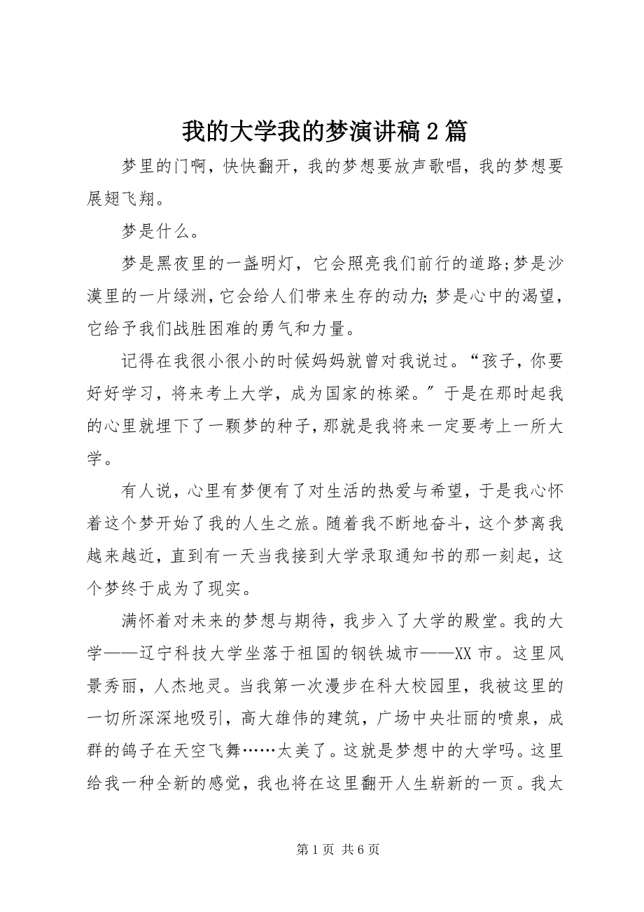 2023年我的大学我的梦演讲稿2篇.docx_第1页