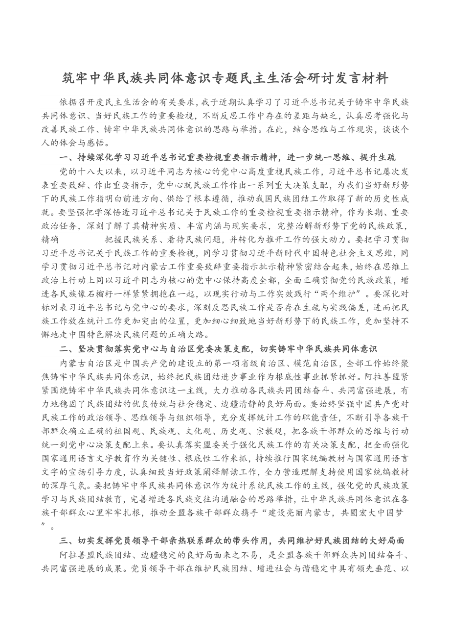 2023年筑牢中华民族共同体意识专题民主生活会研讨发言.doc_第1页