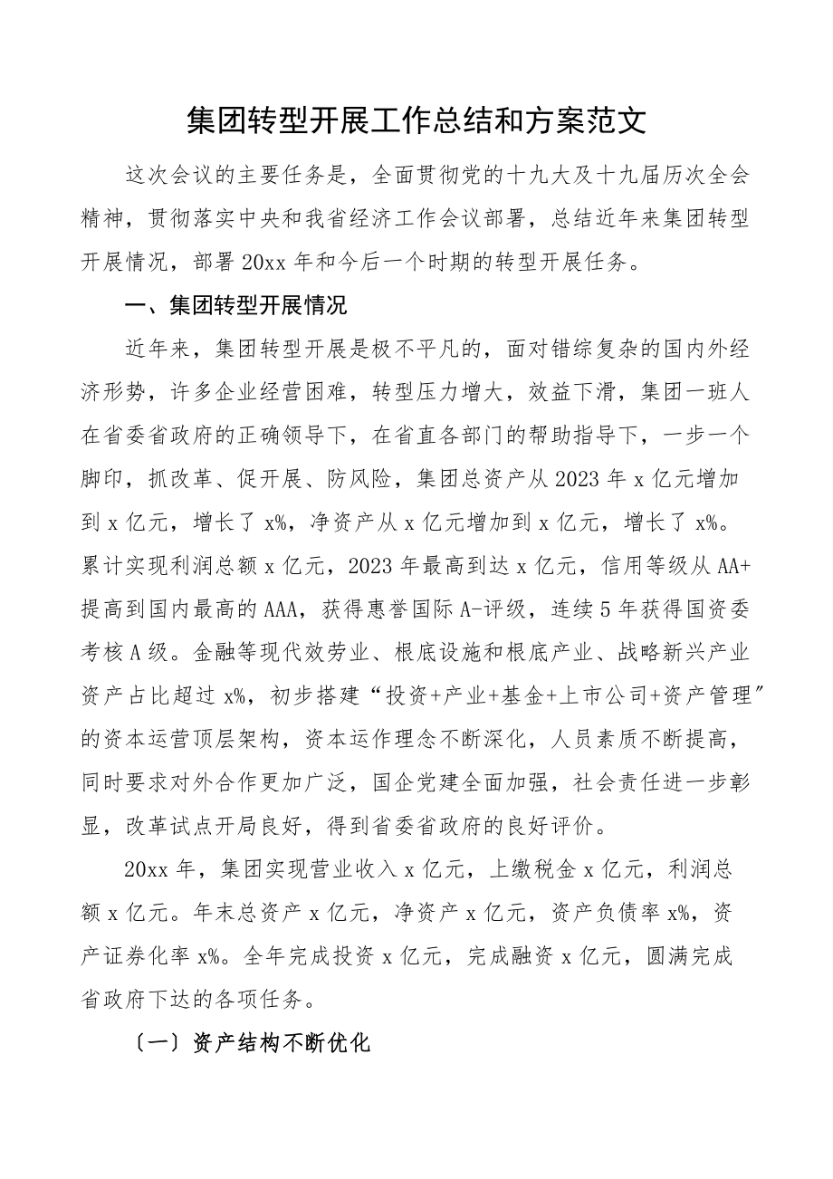 2023年集团转型发展工作总结和计划范文.docx_第1页