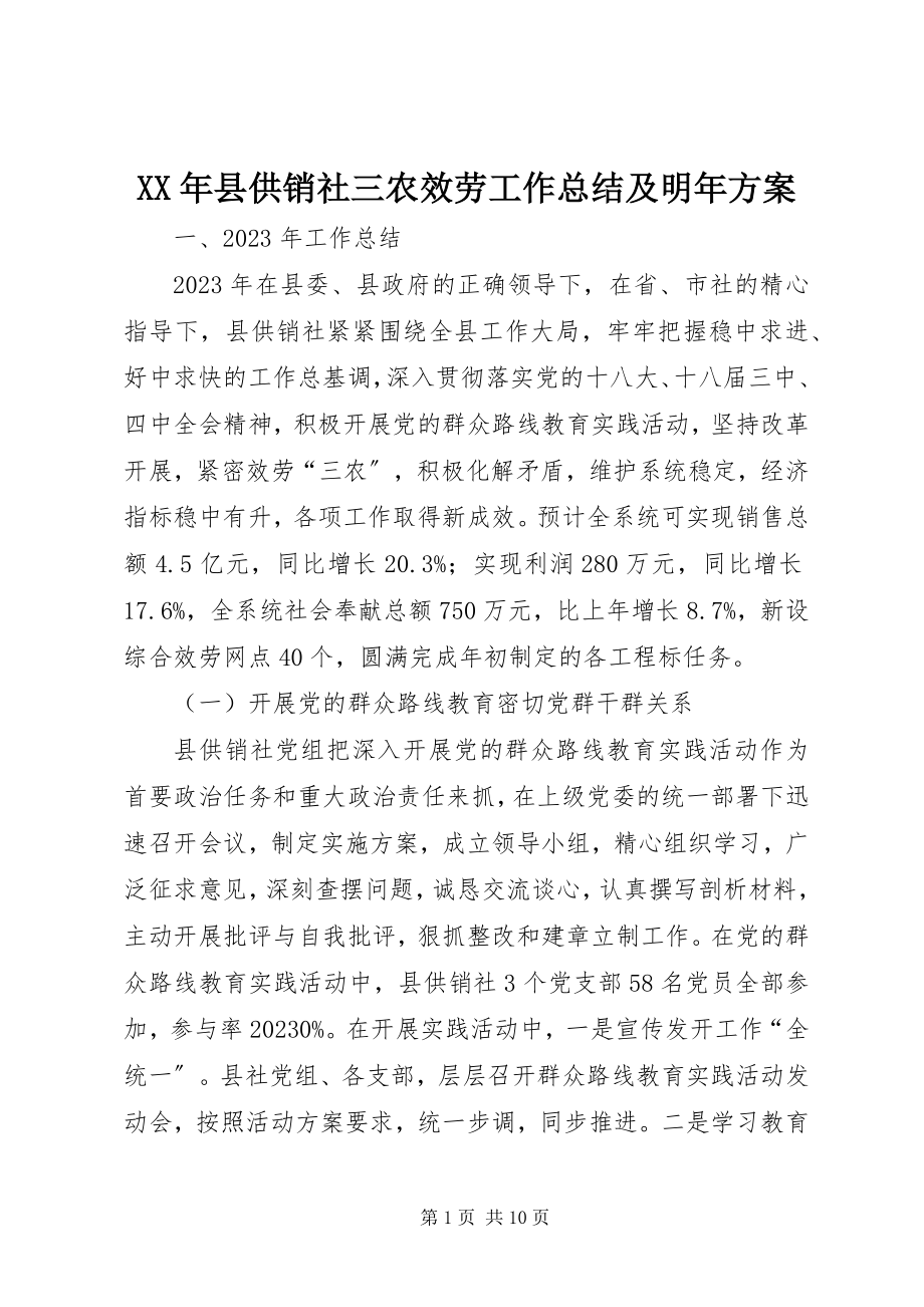 2023年县供销社三农服务工作总结及明年计划.docx_第1页