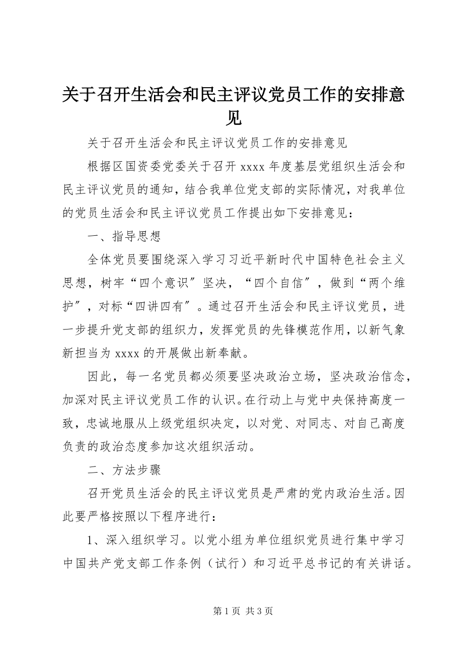 2023年召开生活会和民主评议党员工作的安排意见.docx_第1页