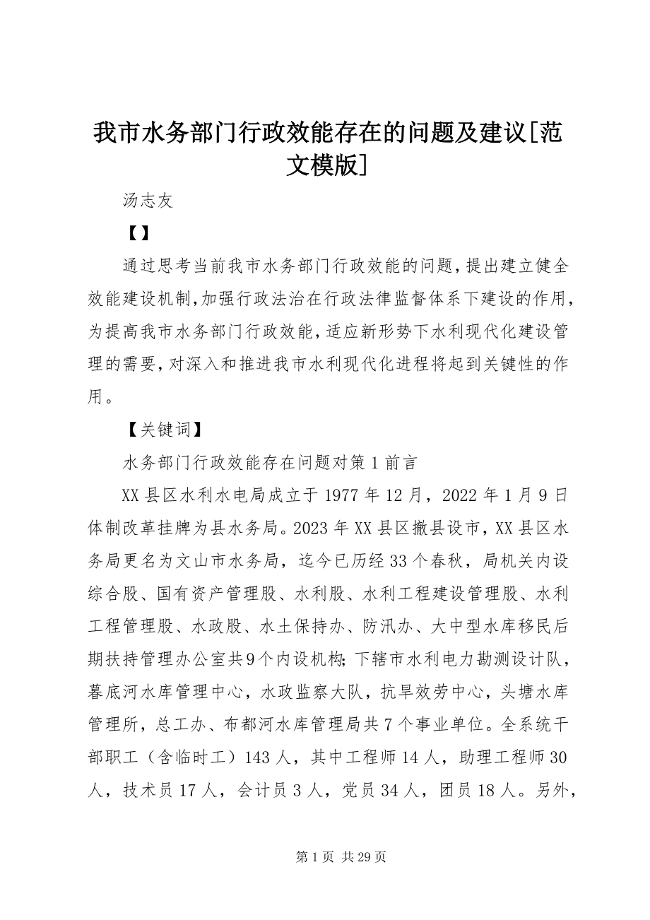 2023年我市水务部门行政效能存在的问题及建议模版.docx_第1页