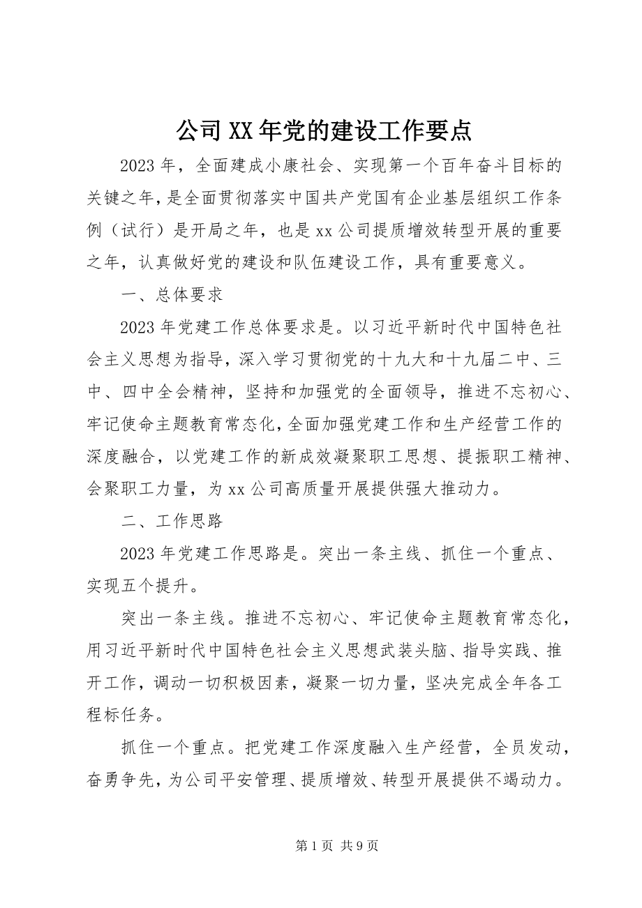 2023年公司某年党的建设工作要点.docx_第1页