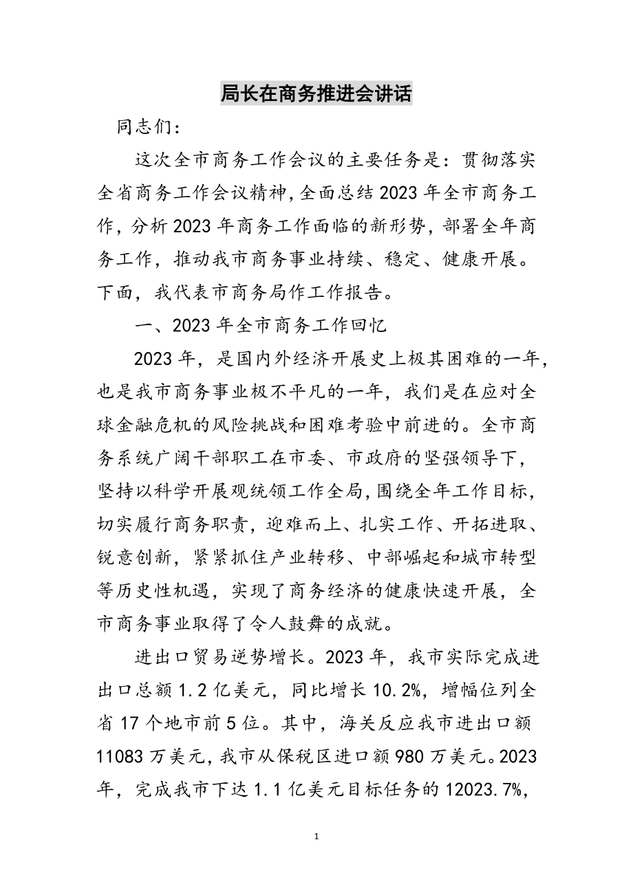 2023年局长在商务推进会讲话范文.doc_第1页