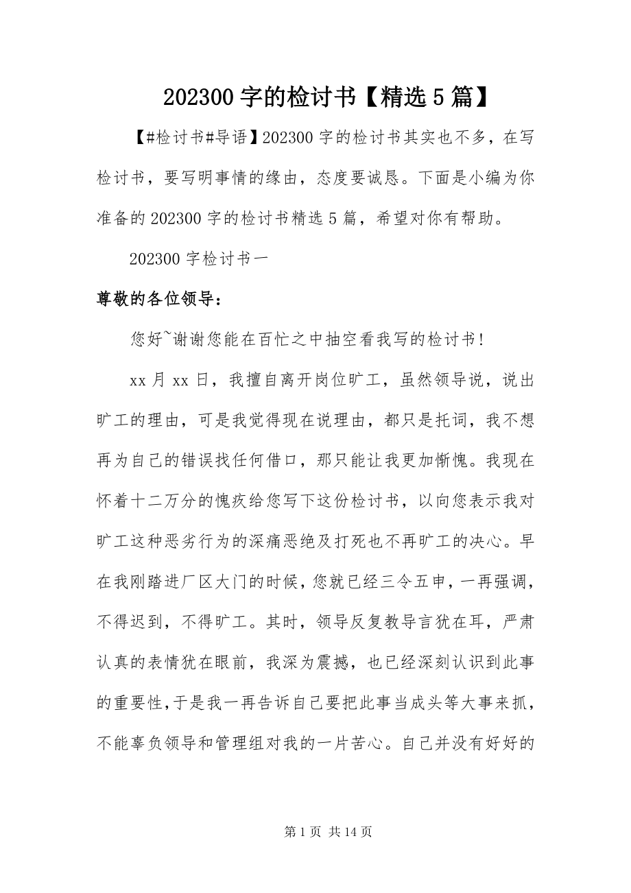 2023年字的检讨书精选5篇新编.docx_第1页