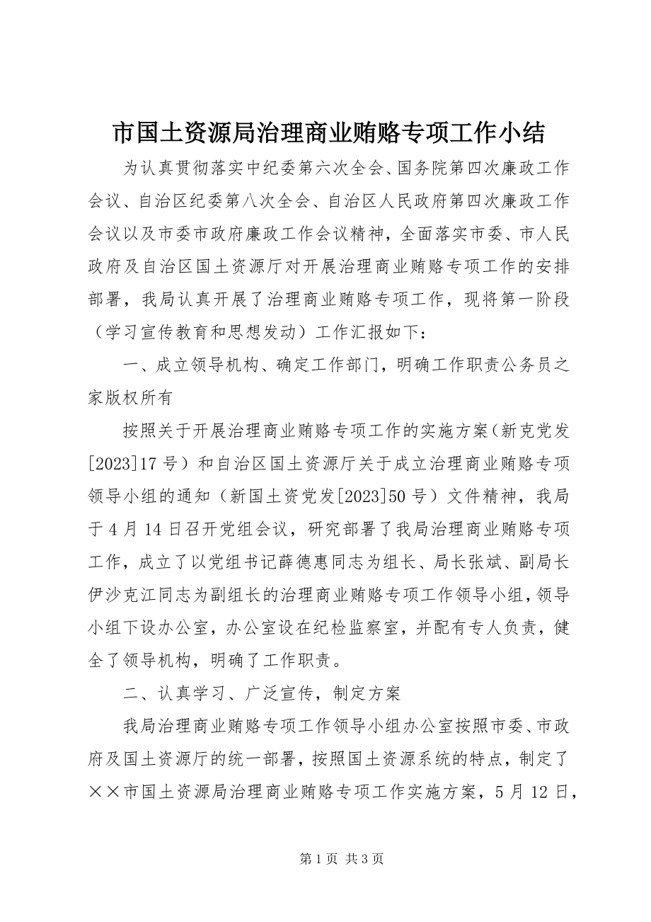 2023年市国土资源局治理商业贿赂专项工作小结.docx_第1页