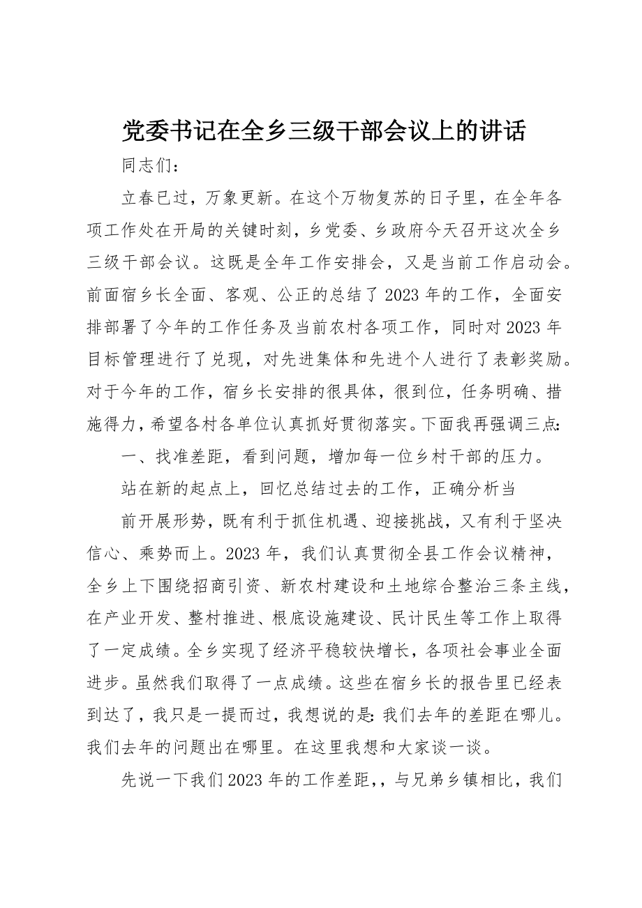 2023年党委书记在全乡三级干部会议上的致辞.docx_第1页