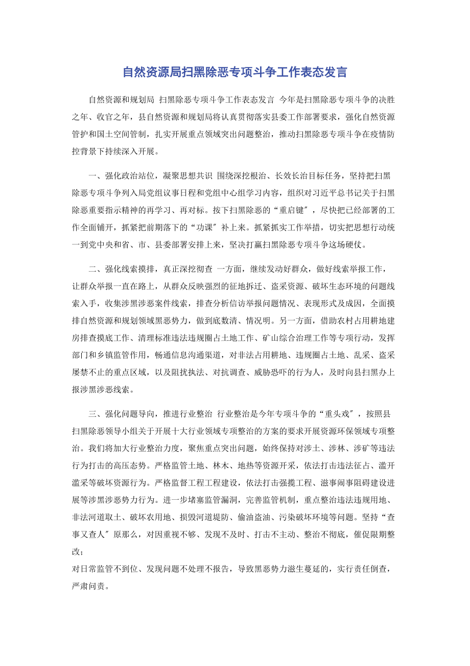 2023年自然资源局扫黑除恶专项斗争工作表态发言.docx_第1页