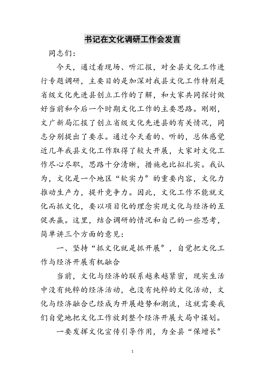 2023年书记在文化调研工作会发言范文.doc_第1页