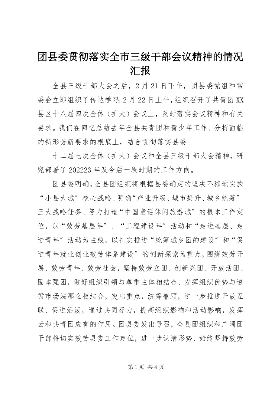 2023年团县委贯彻落实全市三级干部会议精神的情况汇报.docx_第1页