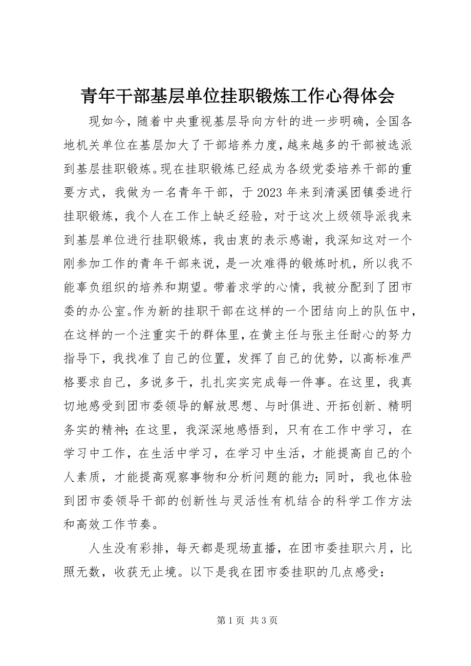 2023年青年干部基层单位挂职锻炼工作心得体会.docx_第1页