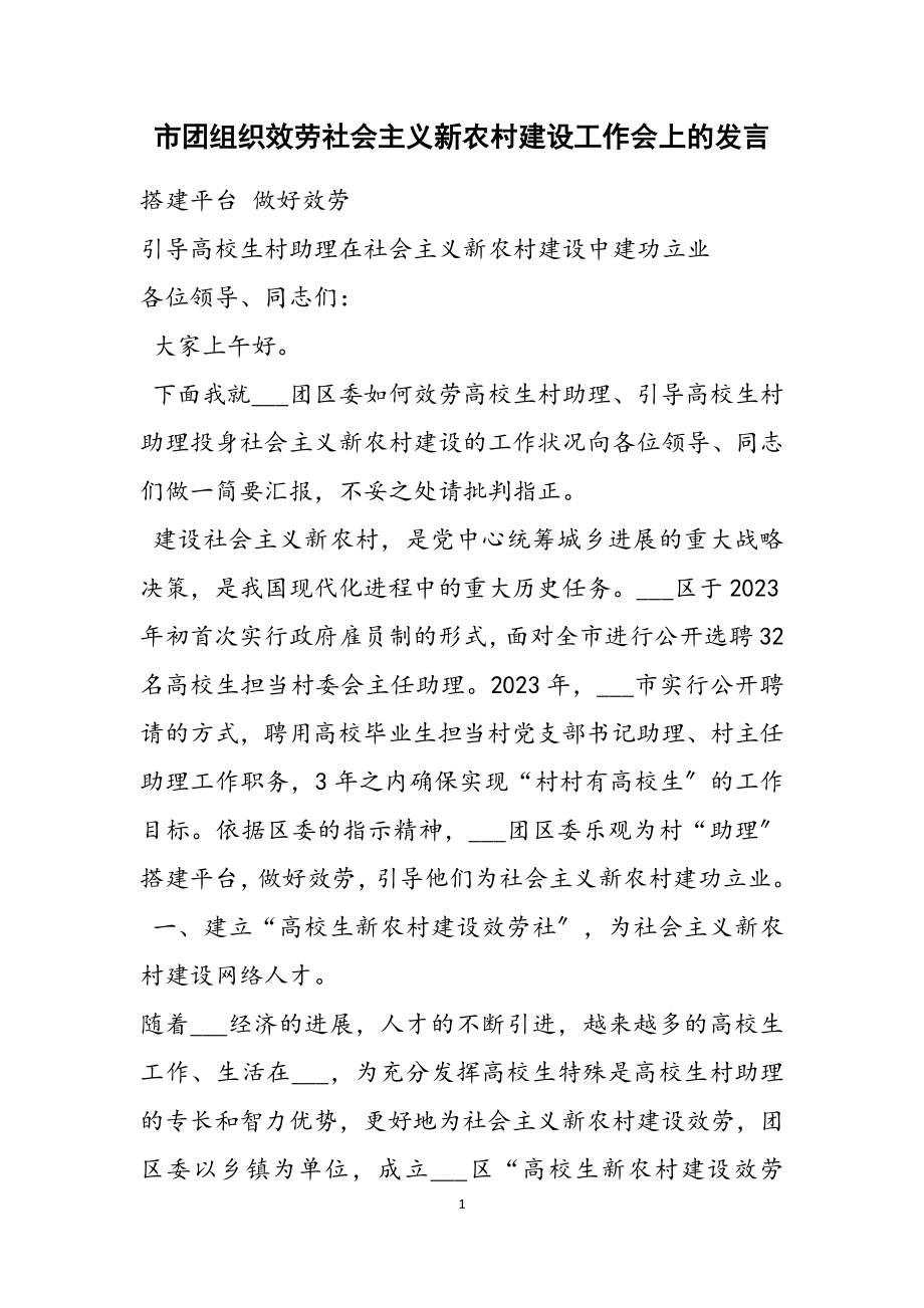 2023年市团组织服务社会主义新农村建设工作会上的发言.doc_第1页