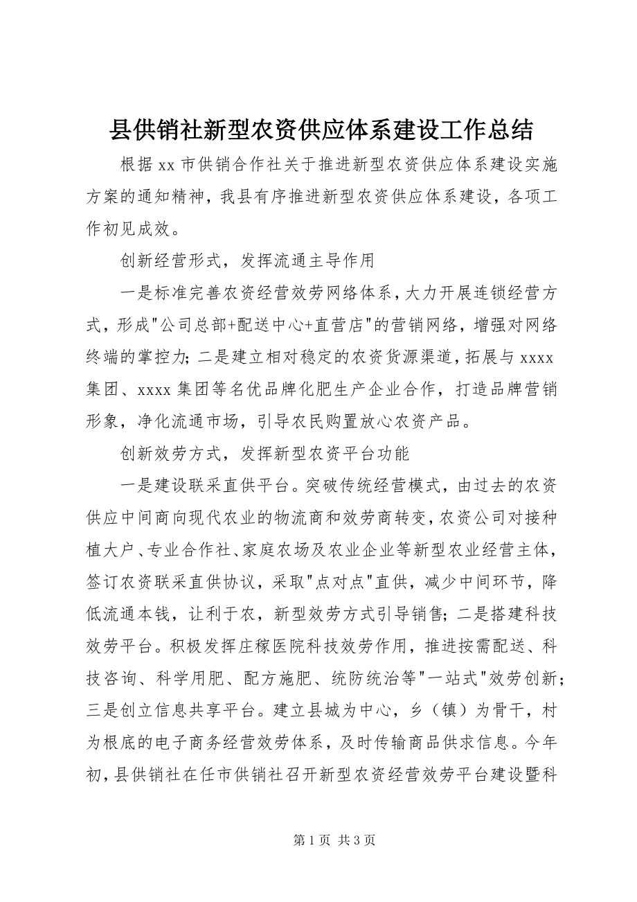 2023年县供销社新型农资供应体系建设工作总结.docx_第1页