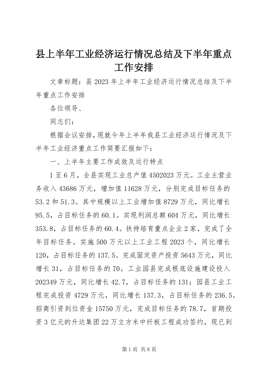 2023年县上半年工业经济运行情况总结及下半年重点工作安排.docx_第1页