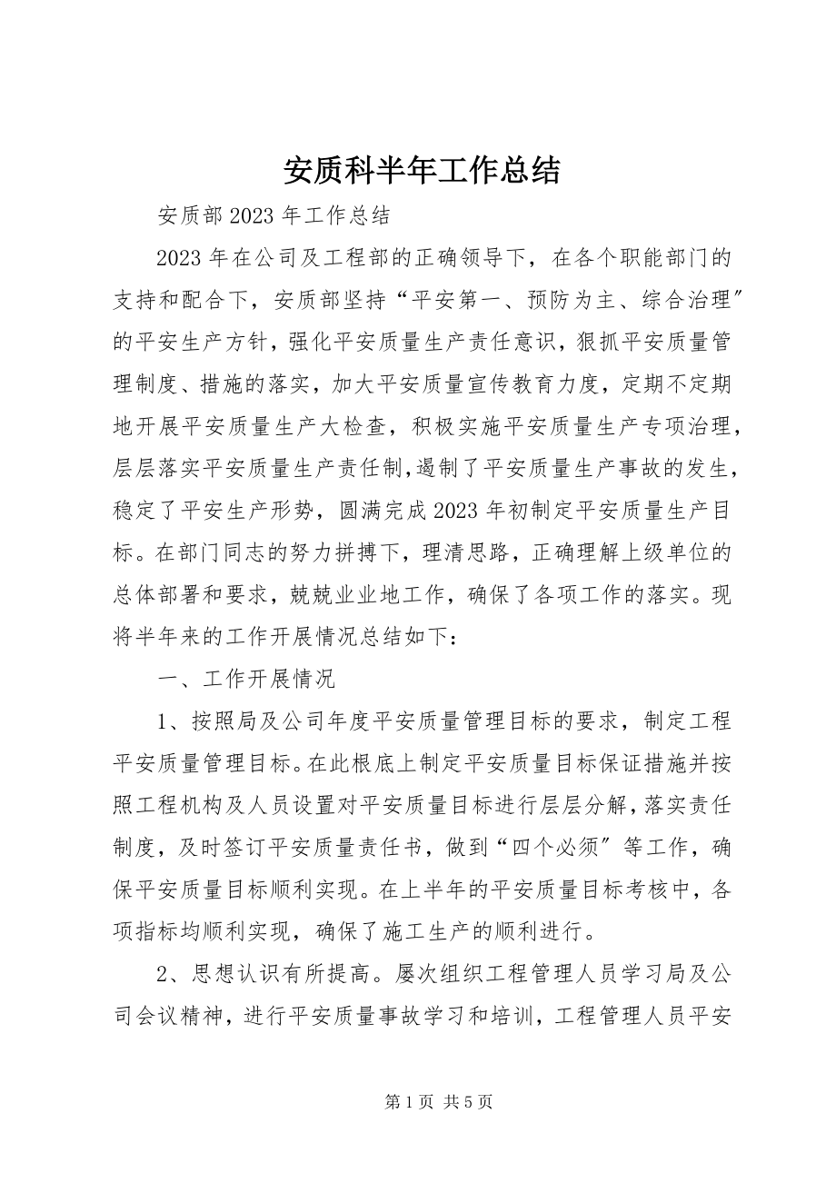 2023年安质科半年工作总结新编.docx_第1页