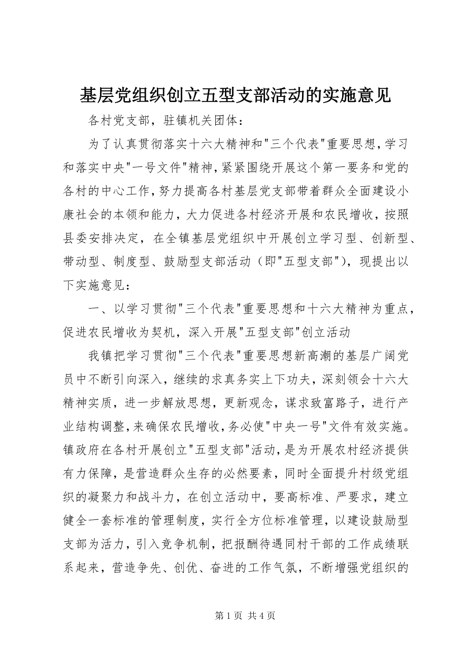 2023年基层党组织创建五型支部活动的实施意见.docx_第1页