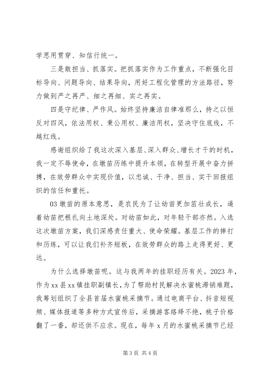 2023年轻干部挂职干部座谈会交流讲话材料3篇.docx_第3页