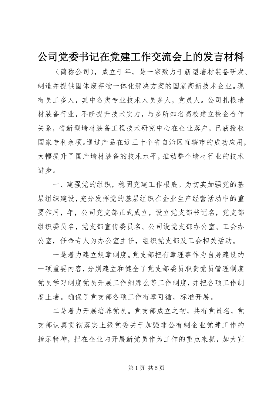 2023年公司党委书记在党建工作交流会上的讲话材料.docx_第1页