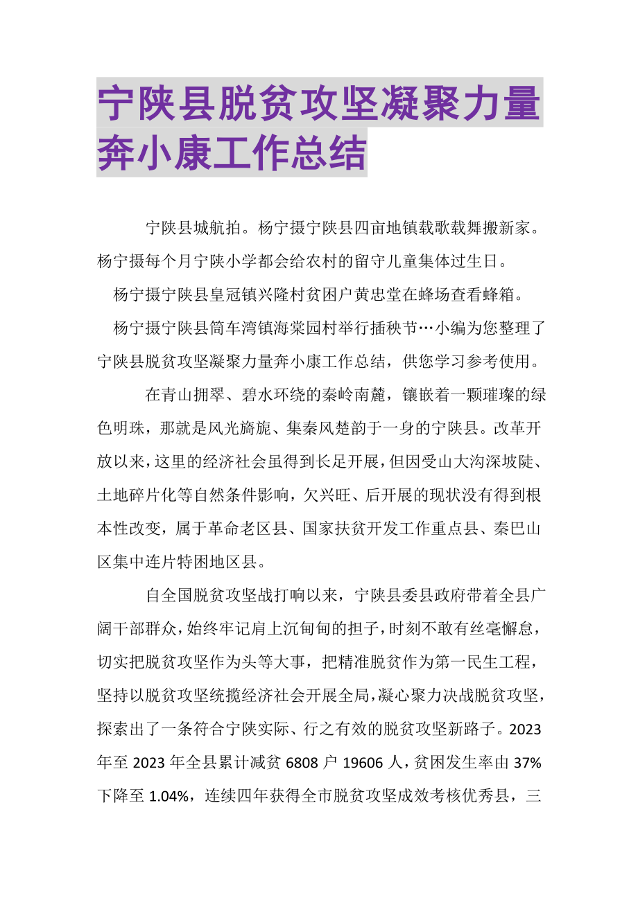 2023年宁陕县脱贫攻坚凝聚力量奔小康工作总结.doc_第1页