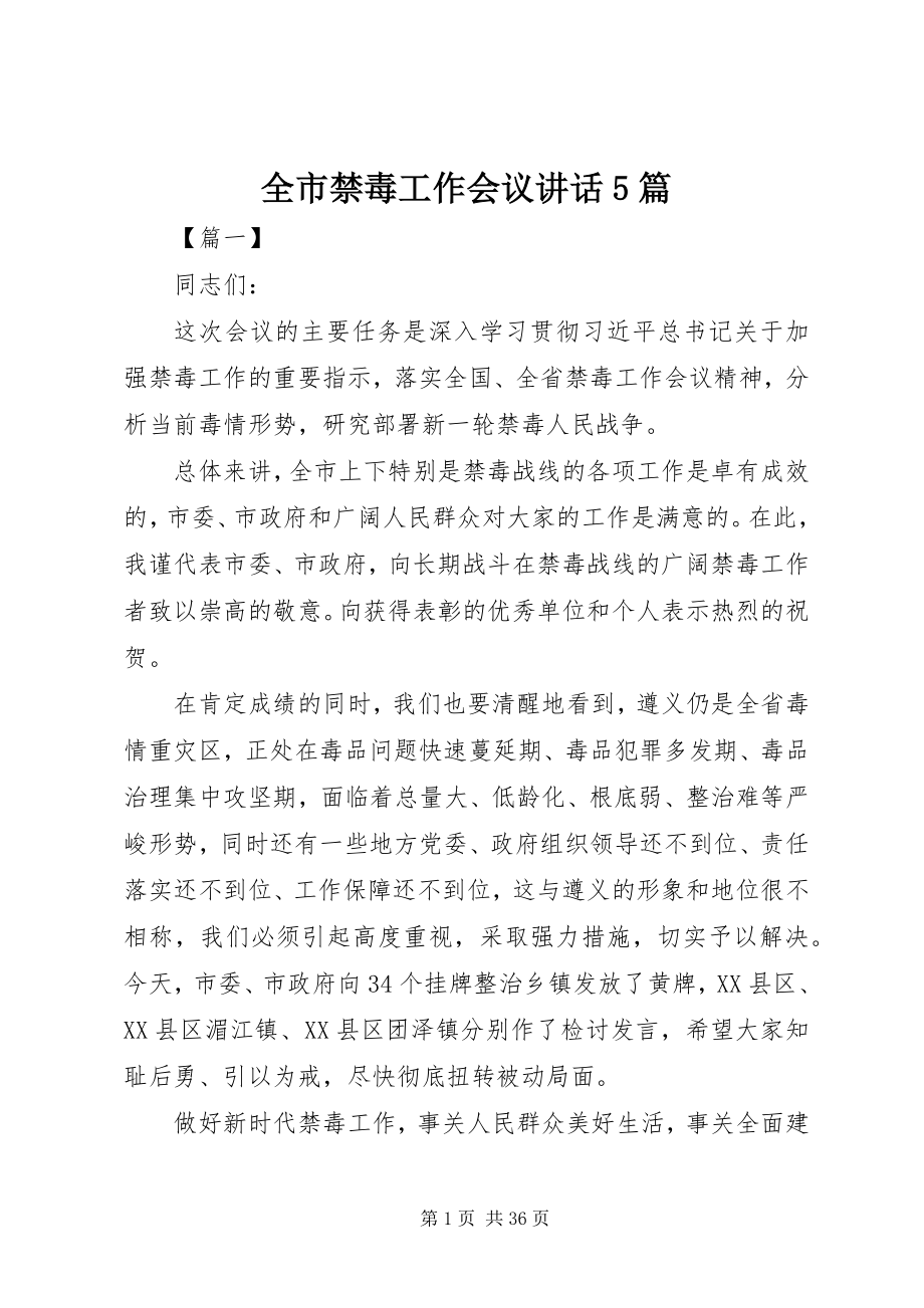 2023年全市禁毒工作会议致辞5篇.docx_第1页