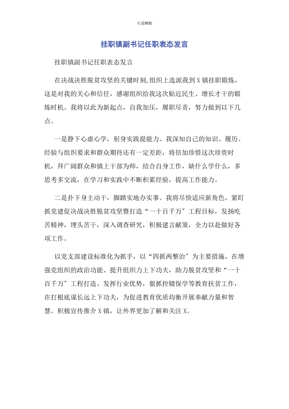 2023年挂职镇副书记任职表态发言范文.docx_第1页