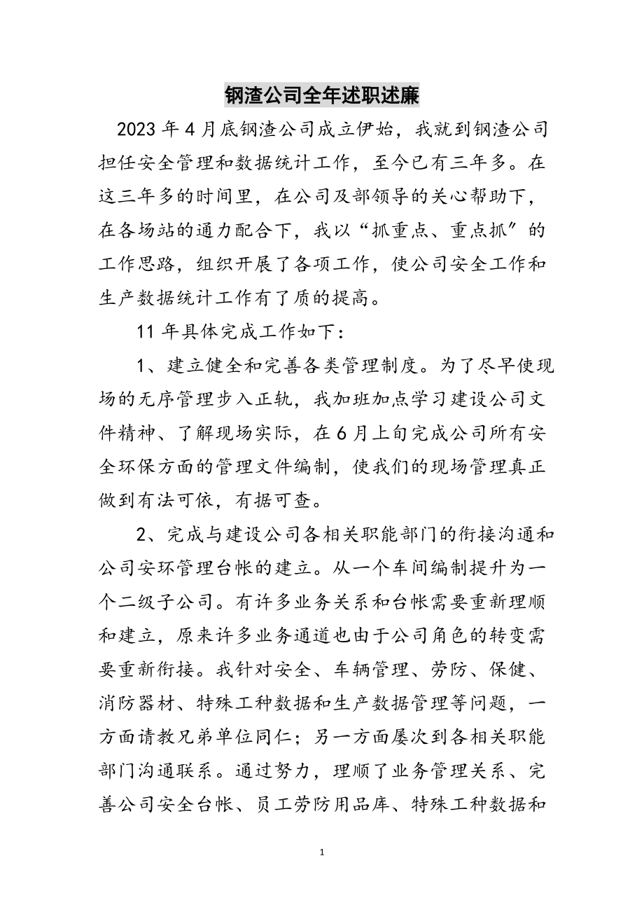 2023年钢渣公司全年述职述廉范文.doc_第1页