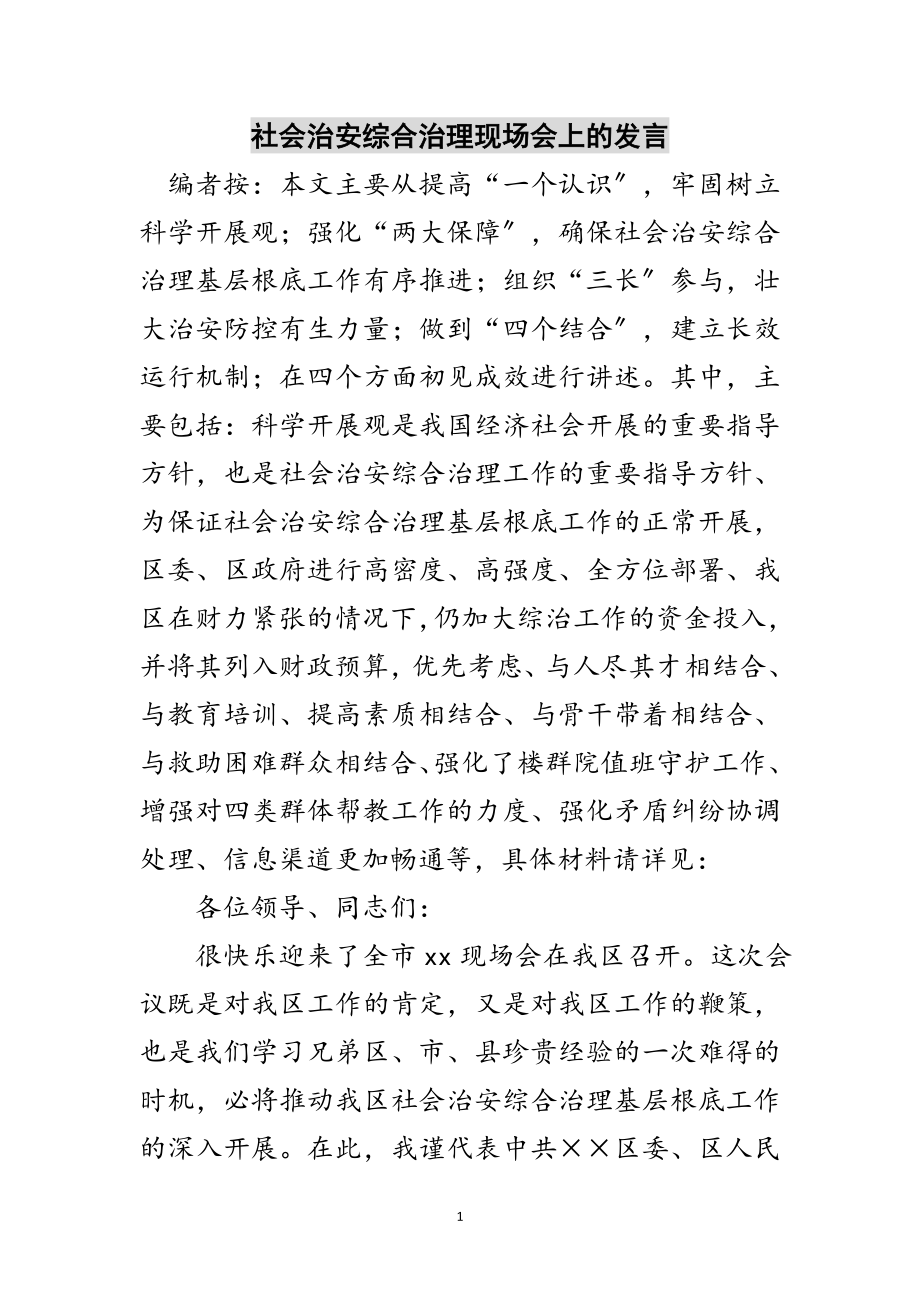 2023年社会治安综合治理现场会上的发言范文.doc_第1页