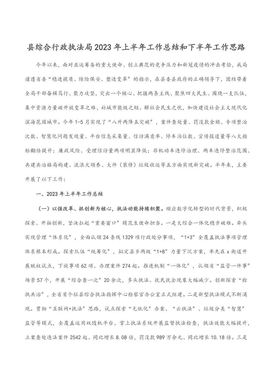 县综合行政执法局2023年上半年工作总结和下半年工作思路.docx_第1页